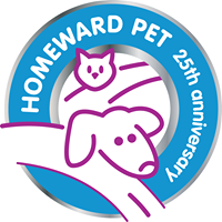 Homeward Pet Adoption Center (Woodinville, Washington) logo is a circle with a purple outline of a cat & dog