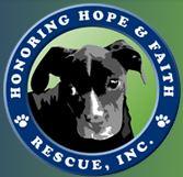 Honoring Hope and Faith Rescue (Houston, Texas) logo has a black dog framed by a circle with the org name and pawprints on it