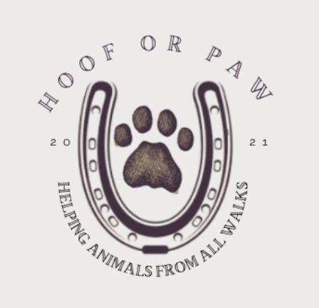 Hoof or Paw, (Detroit, Alabama) logo horseshoe with paw print and brown text