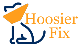 Hoosier Fix, (Carmel, Indiana) logo dog outline in blue with orange cone and text