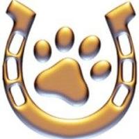 Hooves & Paws Animal Rescue (Littlerock, California) logo is a gold horseshoe with a pawprint in the middle