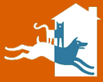 Hopalong Animal Rescue (Oakland, California) logo has a cat standing on a dog who’s running into a house