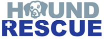 Hound Rescue (Austin, Texas) logo is grey and blue. The "O" in "Hound" is the face of a beagle.