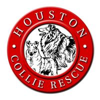 Houston Collie Rescue (Stafford, Texas) logo is red circle with a white center containing a sketch of 2 Collies
