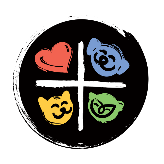 Humane Animal Rescue, (Pittsburgh, Pennsylvania), logo four symbols in four quadrants, one heart, one dog, one cat and one other animal head