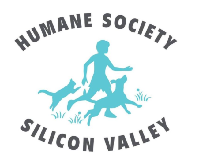 Humane Society Silicon Valley, Milpitas, California, logo turquoise man with dog and cat silhouettes and black text on white  