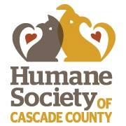 Humane Society of Cascade County, (Great Falls, Montana), logo of orange dog and grey cat leaning into each other with two red hearts and orange and grey text