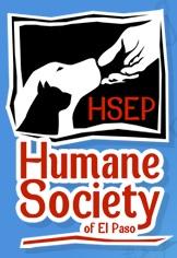 Humane Society of El Paso (El Paso, Texas) logo is blue and red, with hand reaching out to a dog and cat