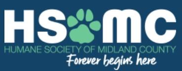 Humane Society of Midland County, (Midland, Michigan), logo green paw with green and white text on dark blue background