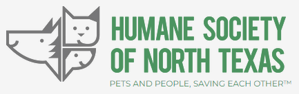 Humane Society of North Texas, (Fort Worth, Texas) logo dog and cat faces in grey on light grey background with green text