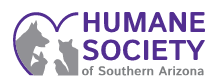 Humane Society of Southern Arizona (Tucson, Arizona) logo gray cat, dog, bird, bunny, and dog next to org name in purple