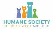 Humane Society of Southwest Missouri (Springfield, Missouri) logo has dogs & cats in different sizes & colors above the org name