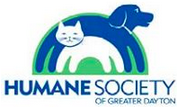 Humane Society of Greater Dayton, Ohio, logo is blue, green and white with a dog & cat rainbow