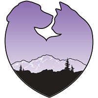Humane Society of Black Hills, (Rapid City, South Dakota), logo a lavender heart made of a dog and cat with a mountain inside