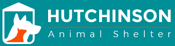 Hutchinson Animal Shelter (Hutchinson, Kansas) logo teal background white roof outline with silhouette of white dog layered with silhouette of orange cat