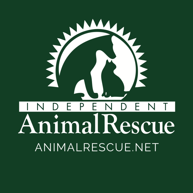 Independent Animal Rescue (Durham, North Carolina) logo dark green dog and cat silhouette in front of white sun