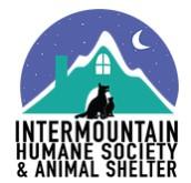 Intermountain Humane Society (Pine, Colorado) logo cat and dog next to house in mountain with moon