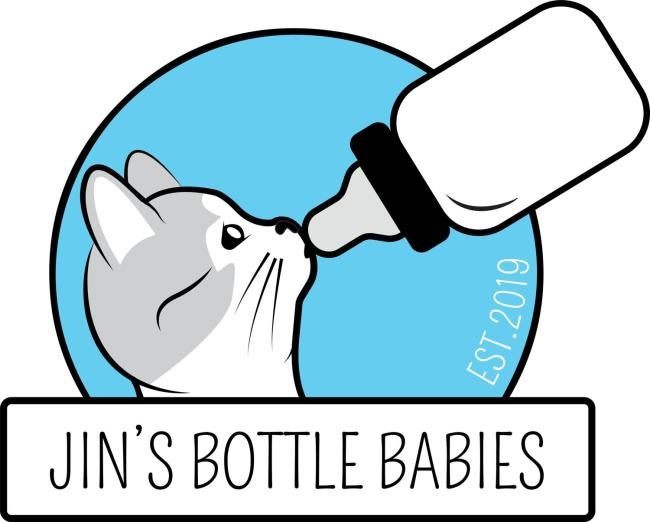 Jin's Bottle Babies (Phoenix, Arizona) logo with gray and white kitten drinking from bottle