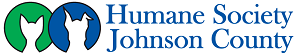 Humane Society of Johnson County (Franklin, Indiana) logo-name in blue, 1 circle with cat head, another with dog head outline