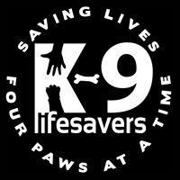 K-9 Lifesavers (Fredericksburg, Virginia) logo is a “K” with a hand & paw & a bone dash plus “saving lives four paws at a time”