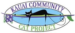 Kauai Community Cat Project (Kapaa, Hawaii) logo is a black cat lying on a surfboard in an oval with the organization name on it