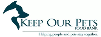 Keep Our Pets Food Bank (Murrells Inlet, South Carolina) logo white backdrop evergreen dog silhouette profile with white silhouette cat profile layered on top evergreen lettering to the right