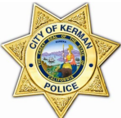 Kerman Police Department (Kerman, California) logo gold police badge blue lettering surrounding picture of California State seal