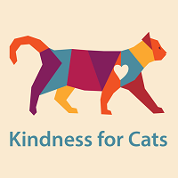 Kindness for Cats (Orlando, Florida) logo is a patchwork multi-colored cat with a white heart walking above the org name