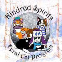 Kindred Spirits Feral Cat Program (Montrose, Pennsylvania) logo has cats in a snowy forest wearing winter hats and scarves