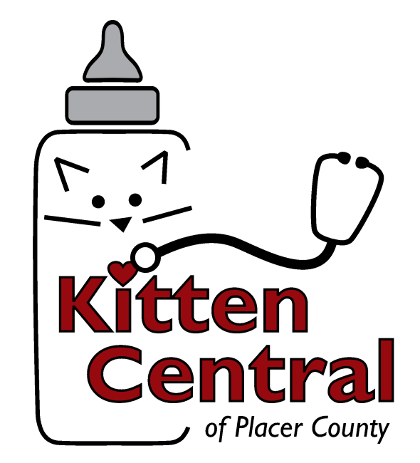 Kitten Central of Placer County (Newcastle, California) logo drawn cat face on outline of bottle black stethescope red lettering