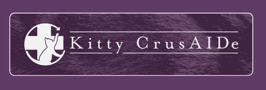 Kitty CrusAIDe, (Centerville, Utah) logo white cat silhouette in circle with aide symbol on purple background