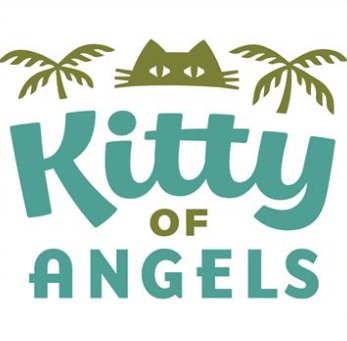Kitty of Angels (Sherman Oaks, California) logo is green cat face in between palm trees above name