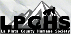 La Plata County Humane Society (Durango, Colorado) logo of mountain, dog, cat, La Plata County Humane Society text LPCHS