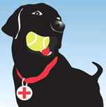 Labradors and Friends (San Diego, California) | logo of black dog, tennis ball, red collar with Labradors + Friends Dog Rescue