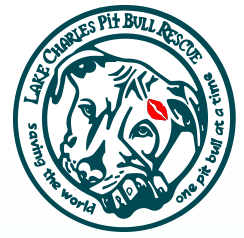 Lake Charles Pit Bull Rescue (Lake Charles, Louisiana) logo is a pit bull with a lipstick kiss mark on its head in a circle