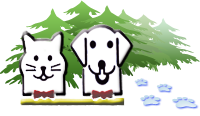 Lake of the Woods Humane Society (Baudette, Minnesota) logo drawn black detrailed outline of cat and dog both with red bowties, drawn evergreen trees as the background snowblue paw prints leading to the evergreens