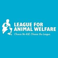 League for Animal Welfare (Batavia, Ohio) logo is a dog sitting next to a kneeling person holding a cat next to the org name