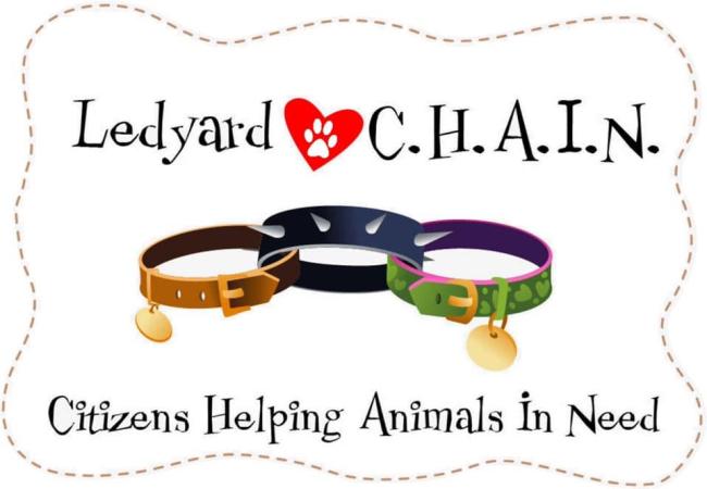 Ledyard C.H.A.I.N. Inc, (Ledyard, Connecticut), three dog or cat collars in a chain white paw in red heart and black text