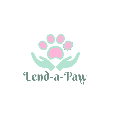 Lend-A-Paw Rescue Inc. (Lynbrook, New York) logo light mint green drawn hands meeting at wrist to hold a drawn light mint green paw filled in with bright baby pink color light plant green lettring at bottom