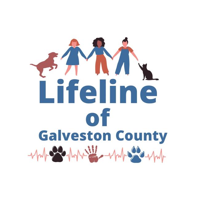 Lifeline of Galveston County, (Friendswood, Texas), logo drawing of three people, a dog and a cat holding hands or paws above blue text and two pawprints and handprint below the text