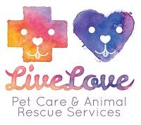 Live Love Animal Rescue (Long Beach, California) logo of dog in cross and car in heart cartoon, live love animal rescue