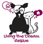 Living the Dream Rescue (Glendale, Arizona) logo is black and white dog and white cat with dream bubbles with homes in them