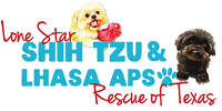 Lone Star Shih Tzu & Lhasa Apso Rescue (Houston, Texas) logo has Shih Tzu & Lhasa Apso dogs with the org name with pawprint “o”