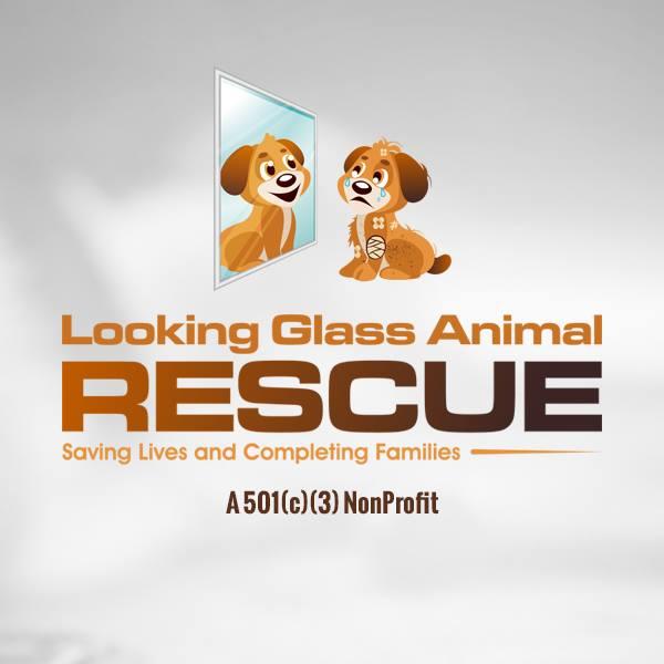 Looking Glass Animal Rescue, (Ridgefield, Connecticut), logo drawing of brown puppy looking into mirror with brown text