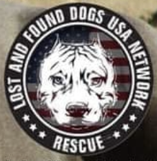 Lost and Found Dogs USA Network, (Palmdale, California), logo drawing of dog face in dark circle surrounded by text