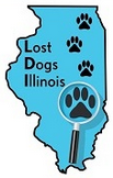 Lost Dogs Illinois (Harvard, Illinois) logo of Illinois state, paws and magnifying glass with text Lost Dogs Illinois
