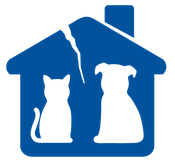 Lost Our Home Pet Rescue (Tempe, Arizona) logo of blue house with chimney, dog, cat, silhouette and crack in roof