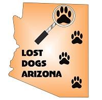 Lost Dogs Arizona (Glendale, Arizona) logo of Arizona state, paws and magnifying glass with text Lost Dogs Arizona