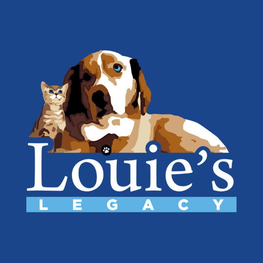 Louie's Legacy Animal Rescue, (Cincinnati, Ohio), logo picture of dog and kitten above blue text
