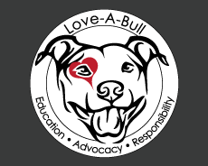 Love-A-Bull, Inc. (Austin, Texas) logo has a pit bull head with a heart around its eye in a circle with the org name and motto